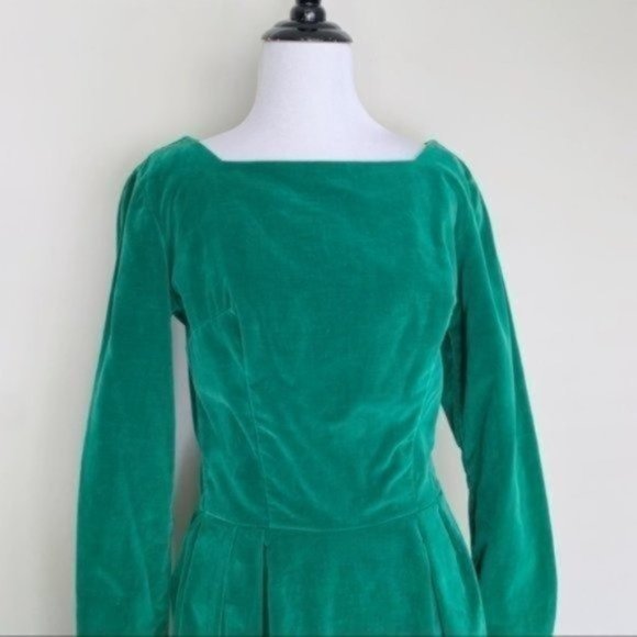 Vintage 50s 60s Emerald Green Velvet Long Sleeve Midi Dress XS/S - Picture 3 of 8